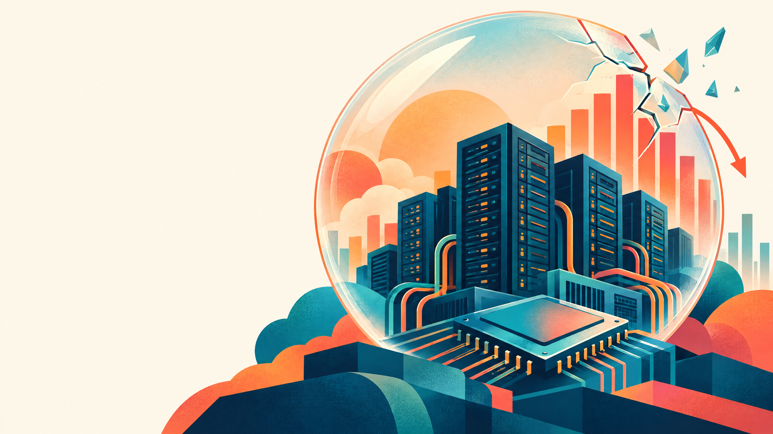 Flat geometric illustration of AI infrastructure inside a cracked market bubble, with server towers and rising bars on a cream background.