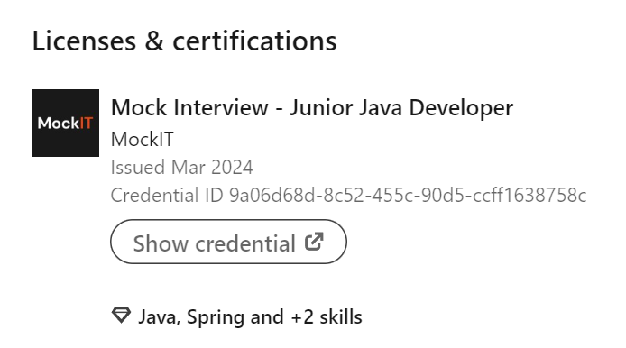 Certificate from MockIT interview pinned to profile on LinkedIn.