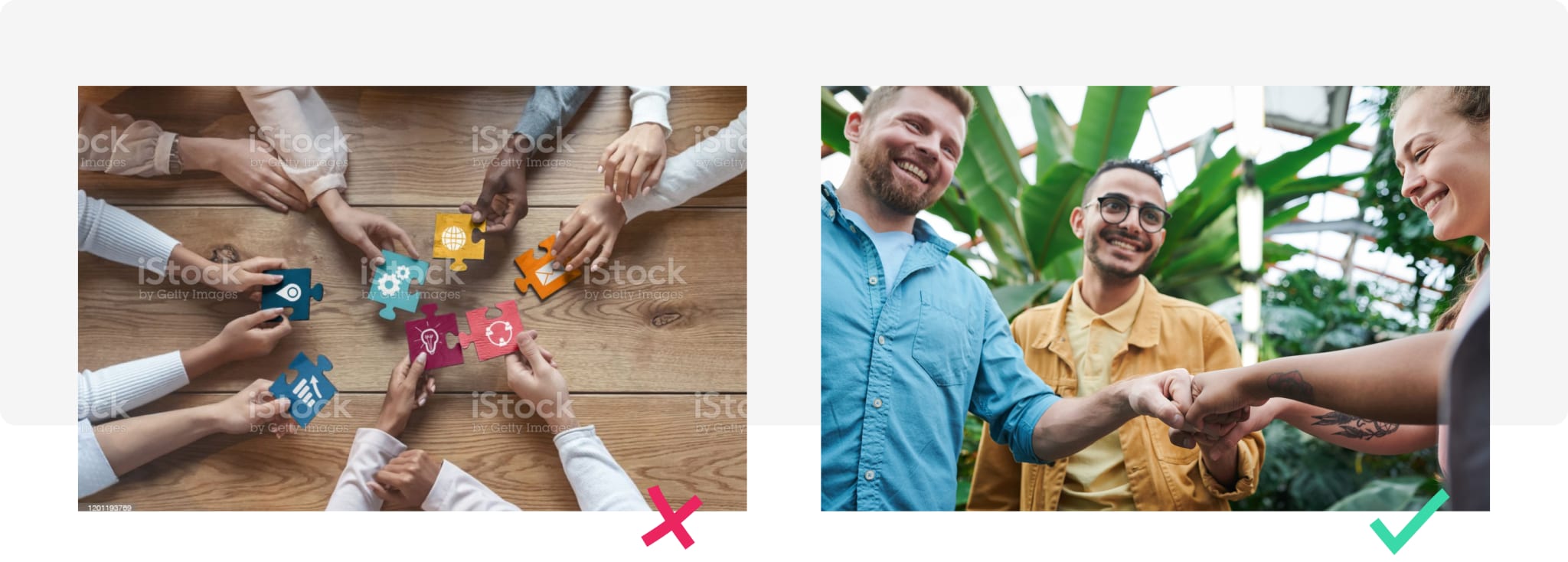 Comparing an image with several hands pushing together a puzzle and a group of people being happy and fist bumping