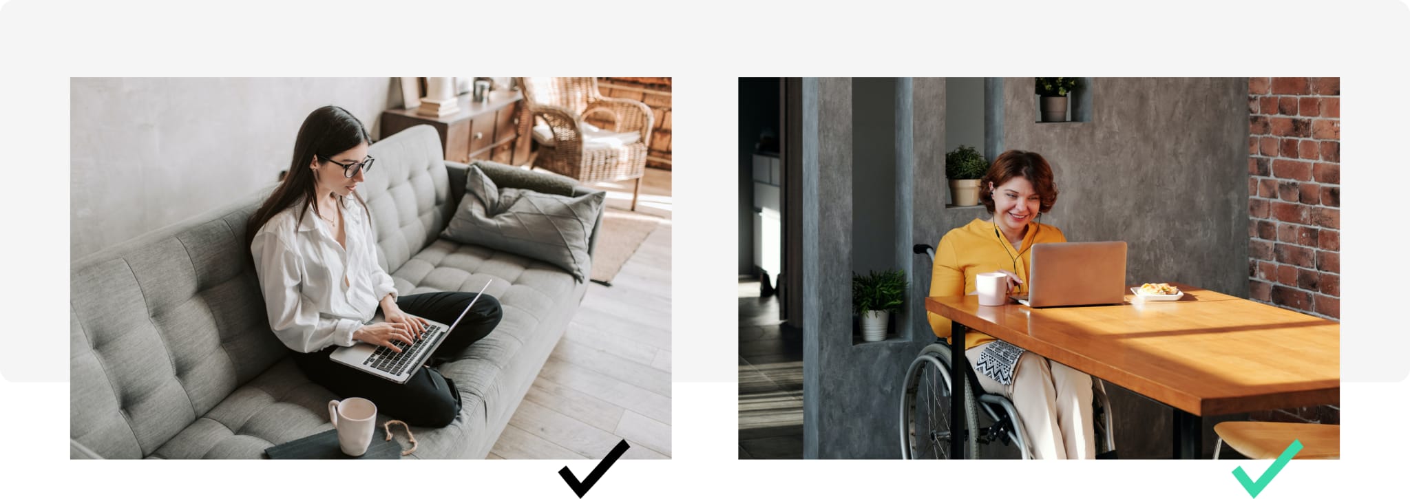 Comparing a photo of work from home: on the left is a woman sitting on the couch with a laptop in her lap; on the right is a woman in a wheelchair sitting at a desk and working.