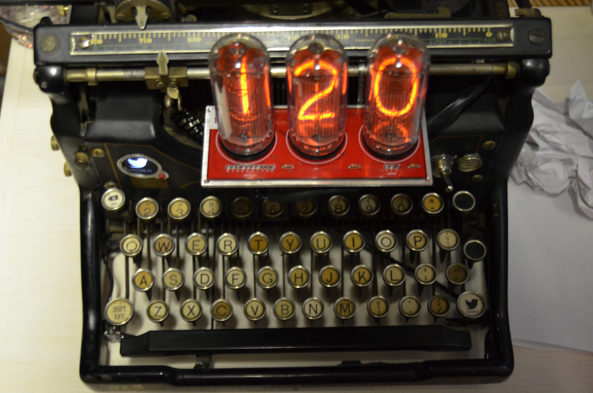 An old underwood typewriter that would send your thoughts to twitter via an rfid chip and a raspberry pi computer. 