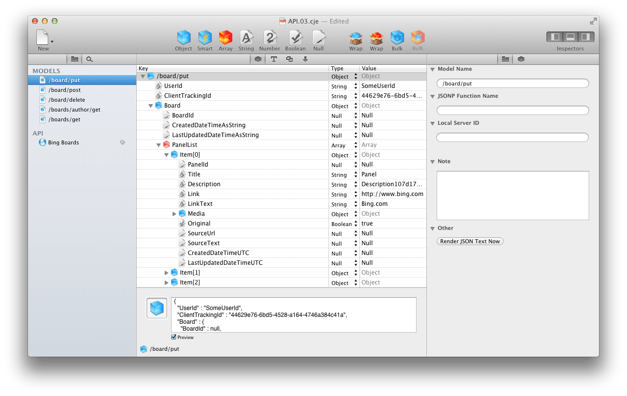 Cocoa JSON Editor on the Bing Boards API