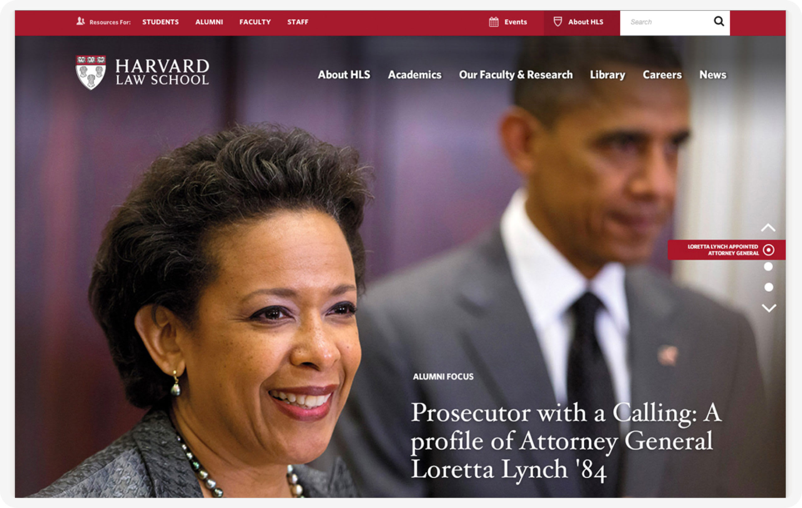 The Harvard Law School homepage featuring Loretta Lynch and Barack Obama