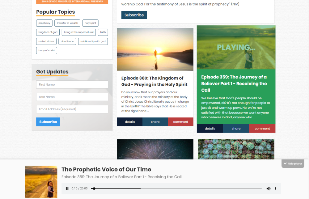 Mobile responsive podcast player for Sons of God Ministries International
