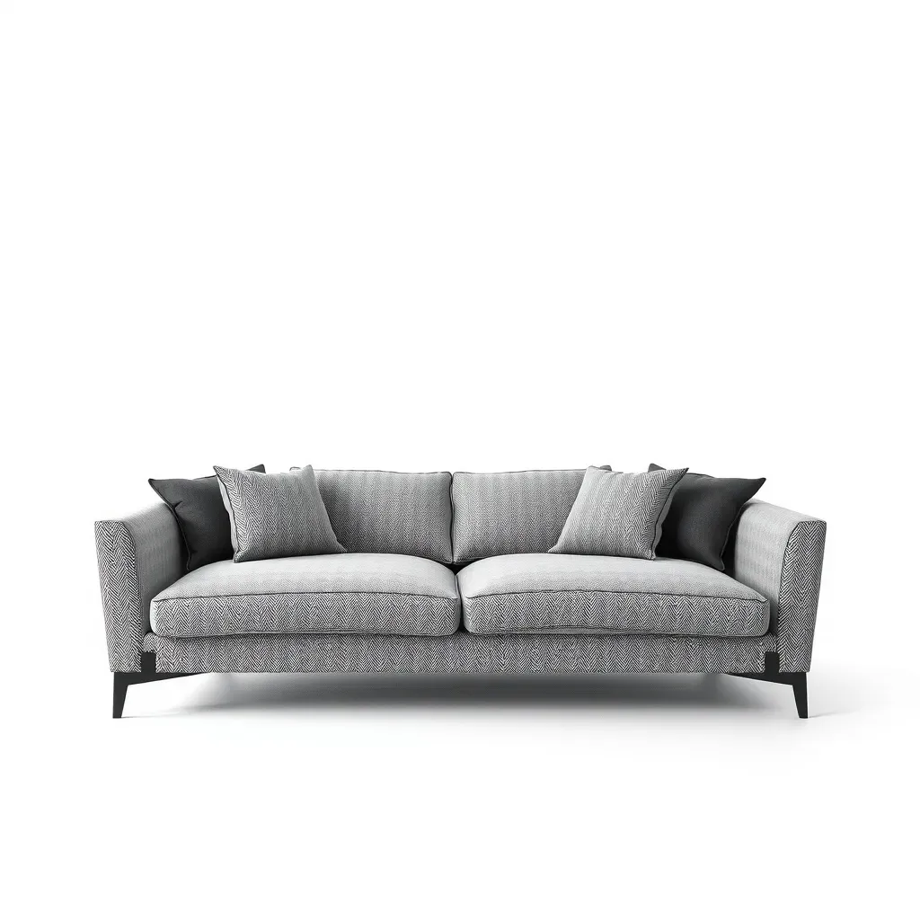 Weiß-graues Sofa mit Muster, mehreren Kissen auf weißem Hintergrund.