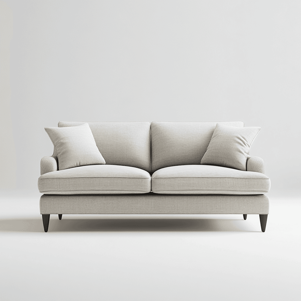 Weißes Sofa mit Kissen vor weißer Wand und weißem Boden.