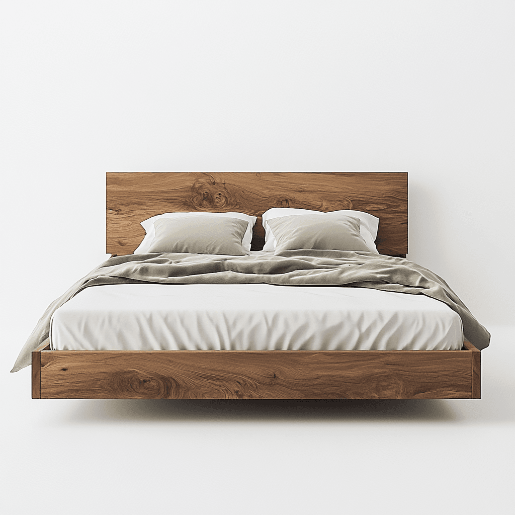 Ein Bett mit einem breiten, holzgefertigten Kopfteil und einer weißen Matratze auf einem breiten Bettgestell.