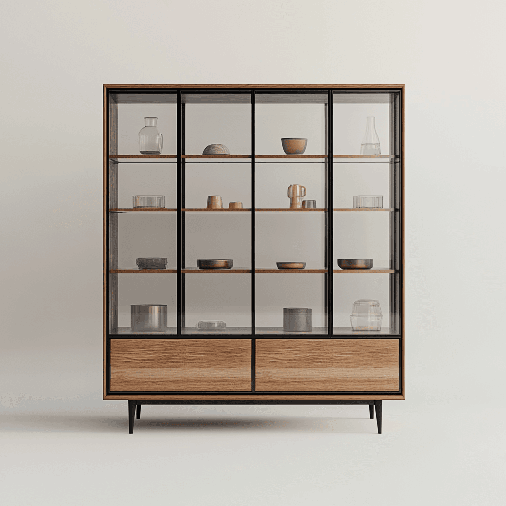Schrank mit Glasfront und Regalen gefüllt mit Vasen, Töpfen und Krügen.