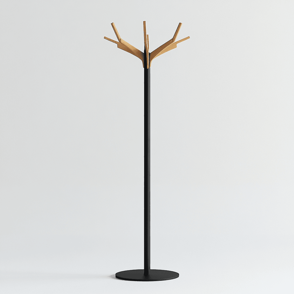 Ein Ständer sieht aus wie ein Baum mit einem großen Blatt und kleinen Zweigen. Der Ständer hat einen schwarzen Stamm, die Zweige sind braun und einige kleine Äste am Ende des Stammes. Ein großes Blatt sitzt oben auf dem Stamm.