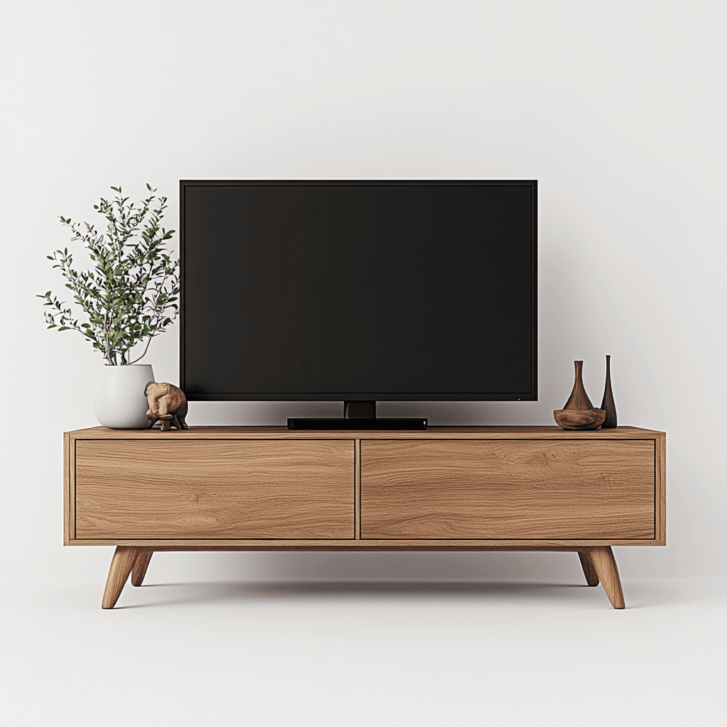 TV-Schrank mit Fernseher, Pflanze und zwei Vasen. Schwarz-weiß.