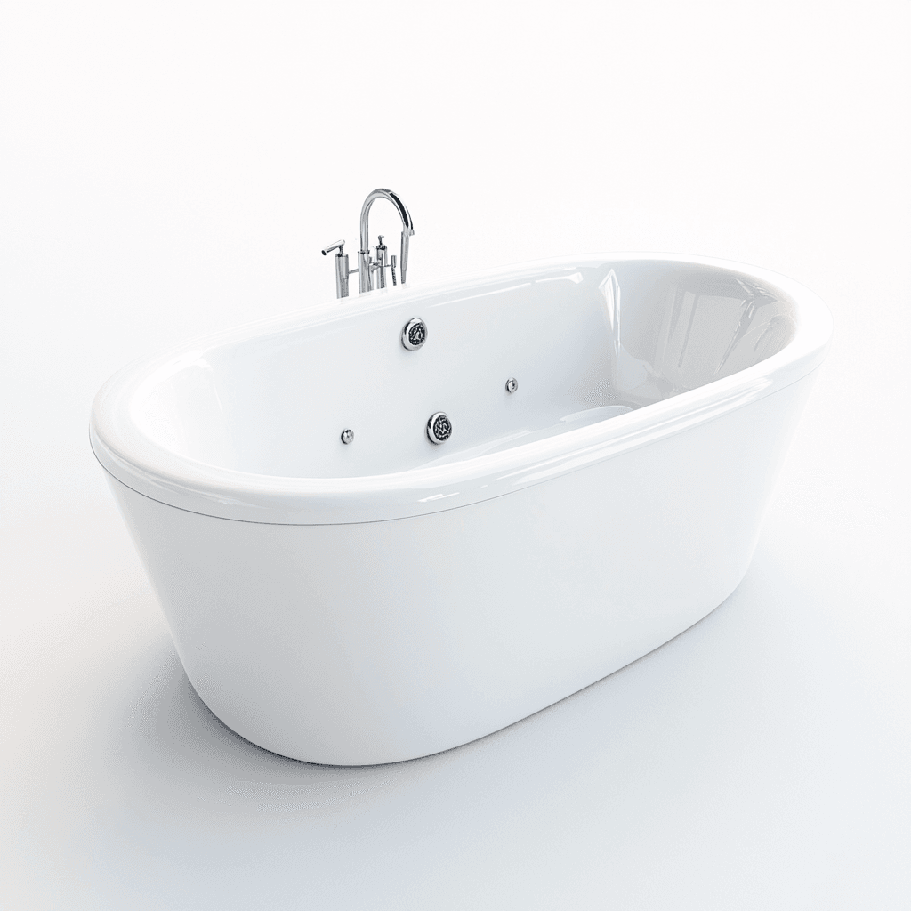 Weiße Badewanne mit silbernem Wasserhahn, ovalförmig, auf weißer Oberfläche, glatter, glänzender Teppich.