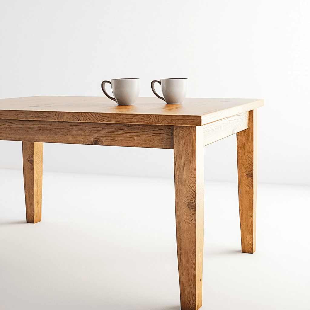 Holztisch mit zwei Kaffeetassen.
