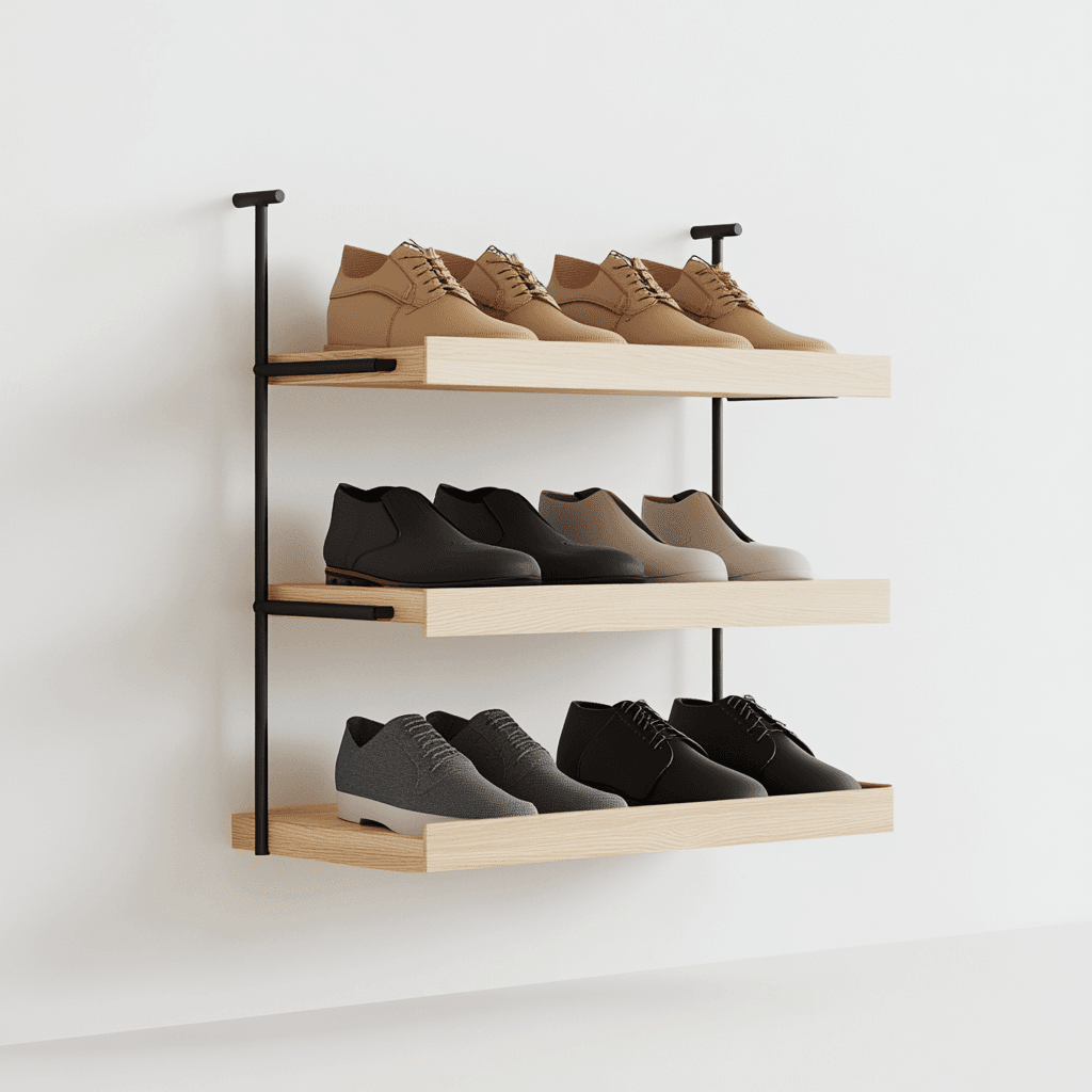 Schuhregalwand aus drei Holzplatten an einem Metallrahmen, auf denen Paare Schuhe stehen.