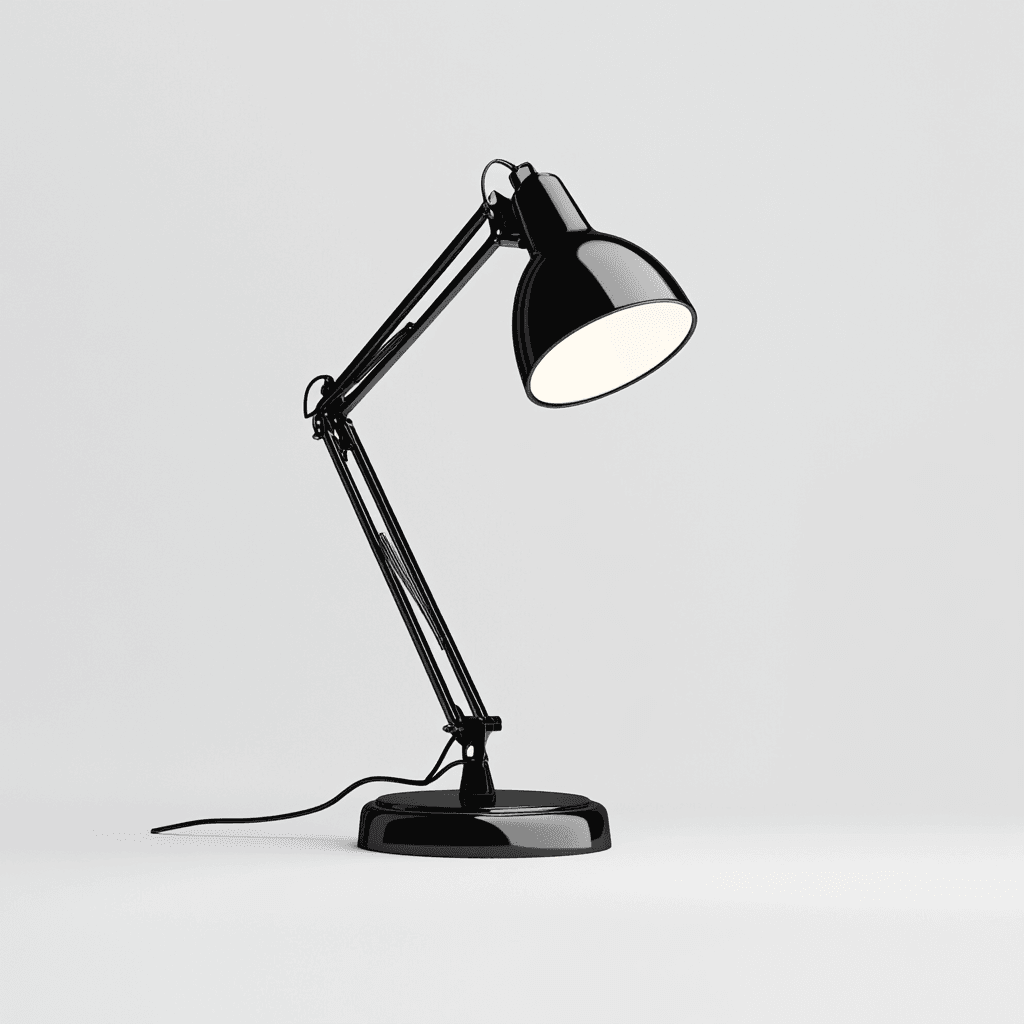 Schwarz lackierter Tischleuchte mit Armlehne und weißem LED-Lichtstrahler.