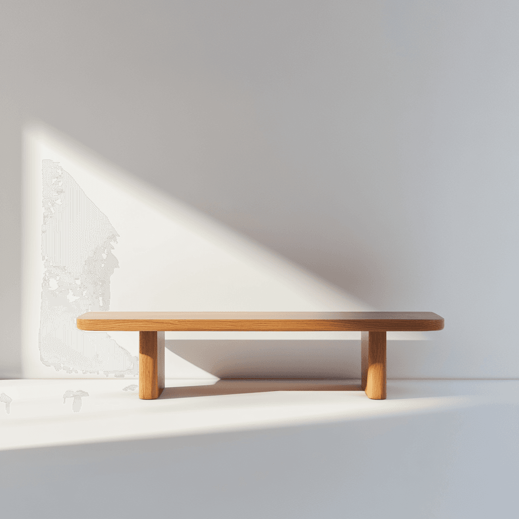 Ein einfacher Tisch mit flacher Oberfläche und zwei Holzbeinen steht vor weißem Hintergrund. Ein Lichtstrahl beleuchtet die Tischplatte.