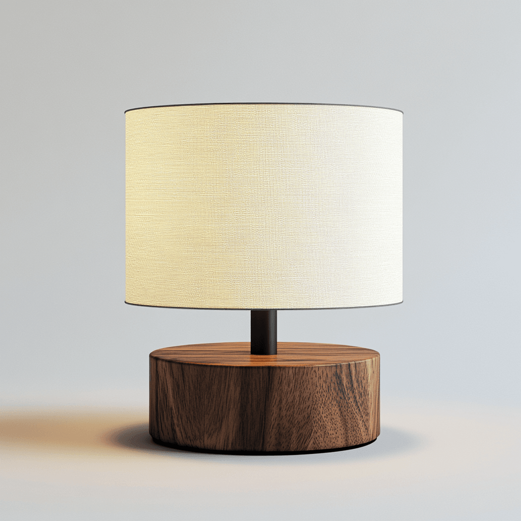 Ein weißes Tischleuchtenmodell mit Holzbasis auf grauem Hintergrund.