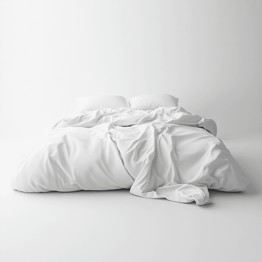 Weißes Bett mit zerknitterten Laken und Kissen auf weißem Hintergrund.