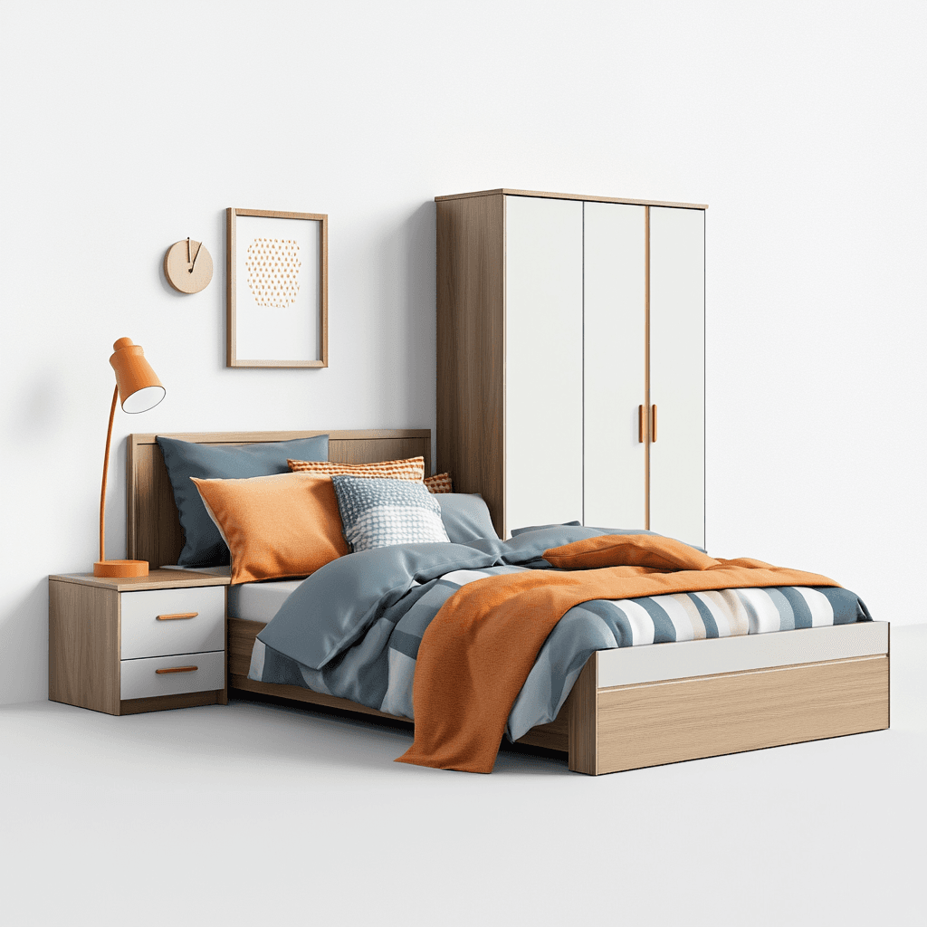 Moderne Schlafzimmer mit Doppelbett, Kleiderschrank, Nachttisch und Wanduhr.