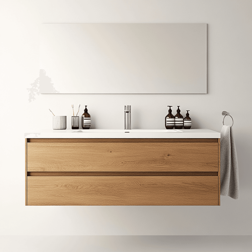 Moderne Badezimmer mit Waschbecken, Spiegeloberfläche und Gegenständen wie Zahnputzbrüsten und Seife. Weiß gekachelt mit Holzwand als Hintergrund.
