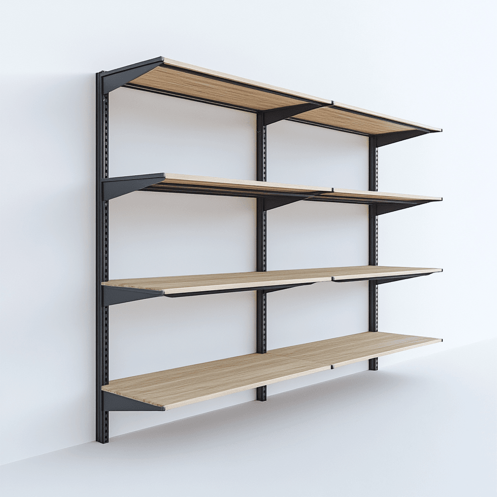 Regalsystem mit vier Holzböden an einer weißen Wand. Schwarzes Metallgestell.