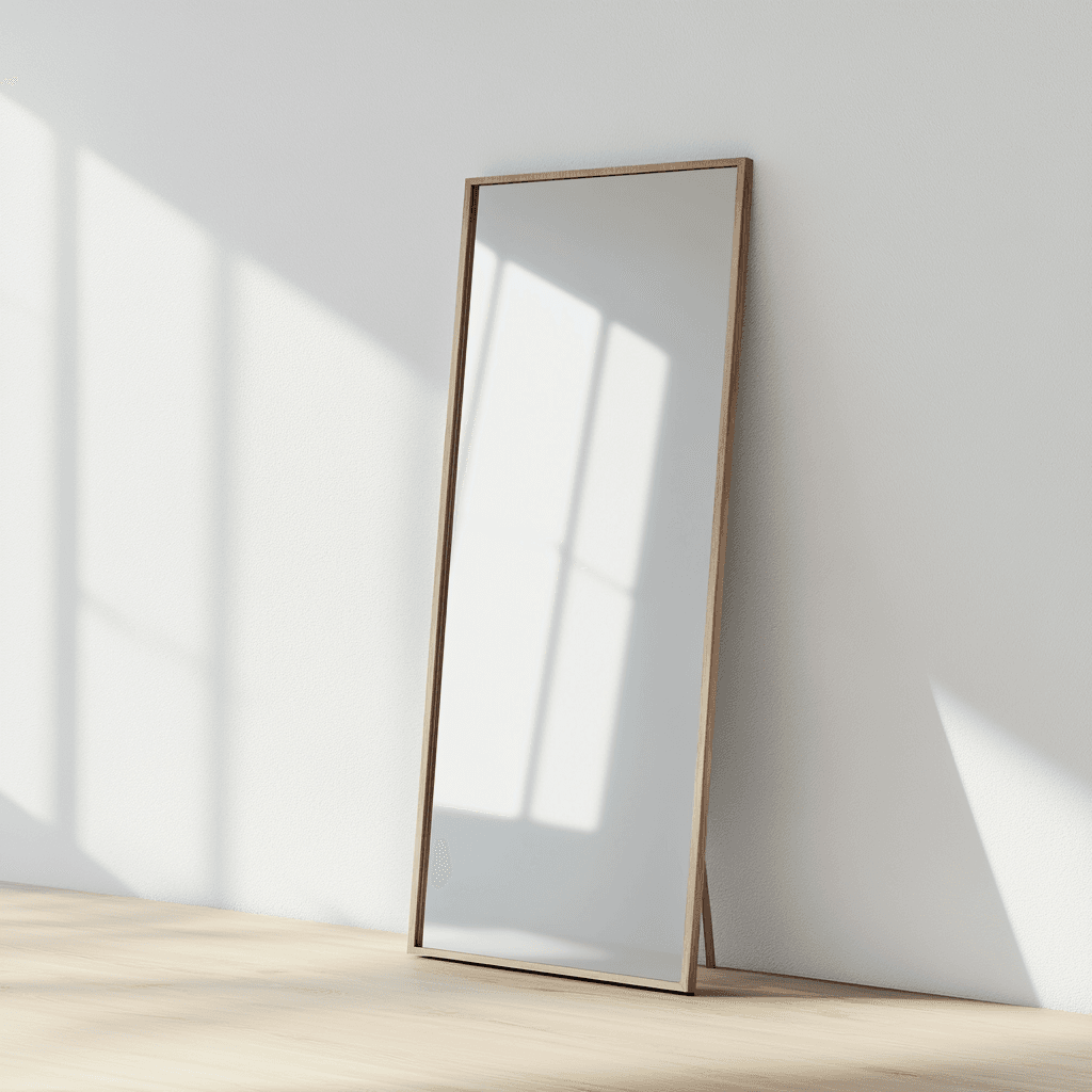 Ein Spiegel mit Holzrahmen an einer weißen Wand, durch Sonnenlicht reflektiert. Holzboden.
