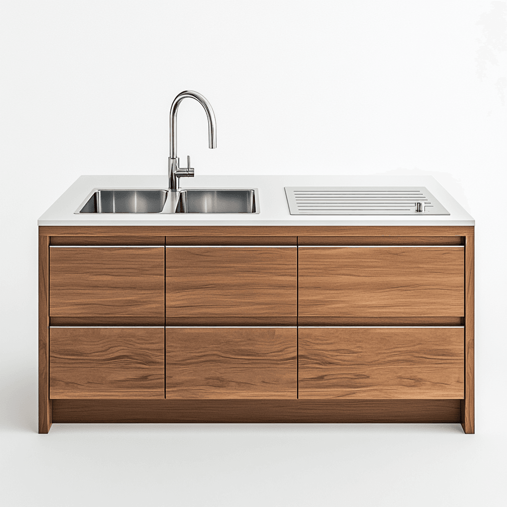 Küchenzeile mit weißem Arbeitsblatt, Spüle und Wasserhahn aus Holz. Mehrere Schubladen und Utensilien auf dem Arbeitsblatt.