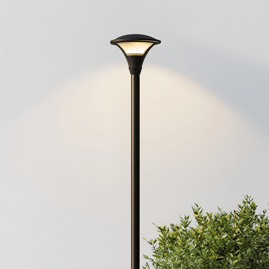 Eine Straßenlaterne mit hellem Glas und schwarzem Metallstiel vor blauem Himmel.