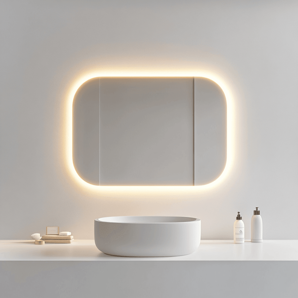 Moderner Badezimmerspiegel im hellen, eleganten Design, an der Wand befestigt.