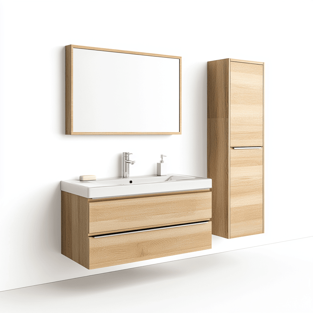 Moderner Badezimmer mit weißem Waschbecken, Spiegelschrank und Holzschrank. Weiß gefliester Boden.