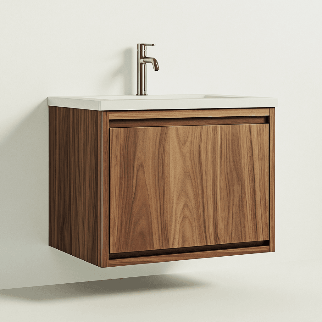 Kleines, in die Wand eingelassenes Waschbecken-Spülkasten mit weißer Oberfläche und dunklem Holzrahmen.