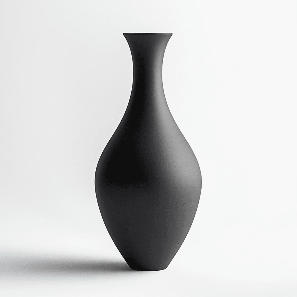 Schwarze, schlanke Vase mit kleinem Mund auf weißem Hintergrund.