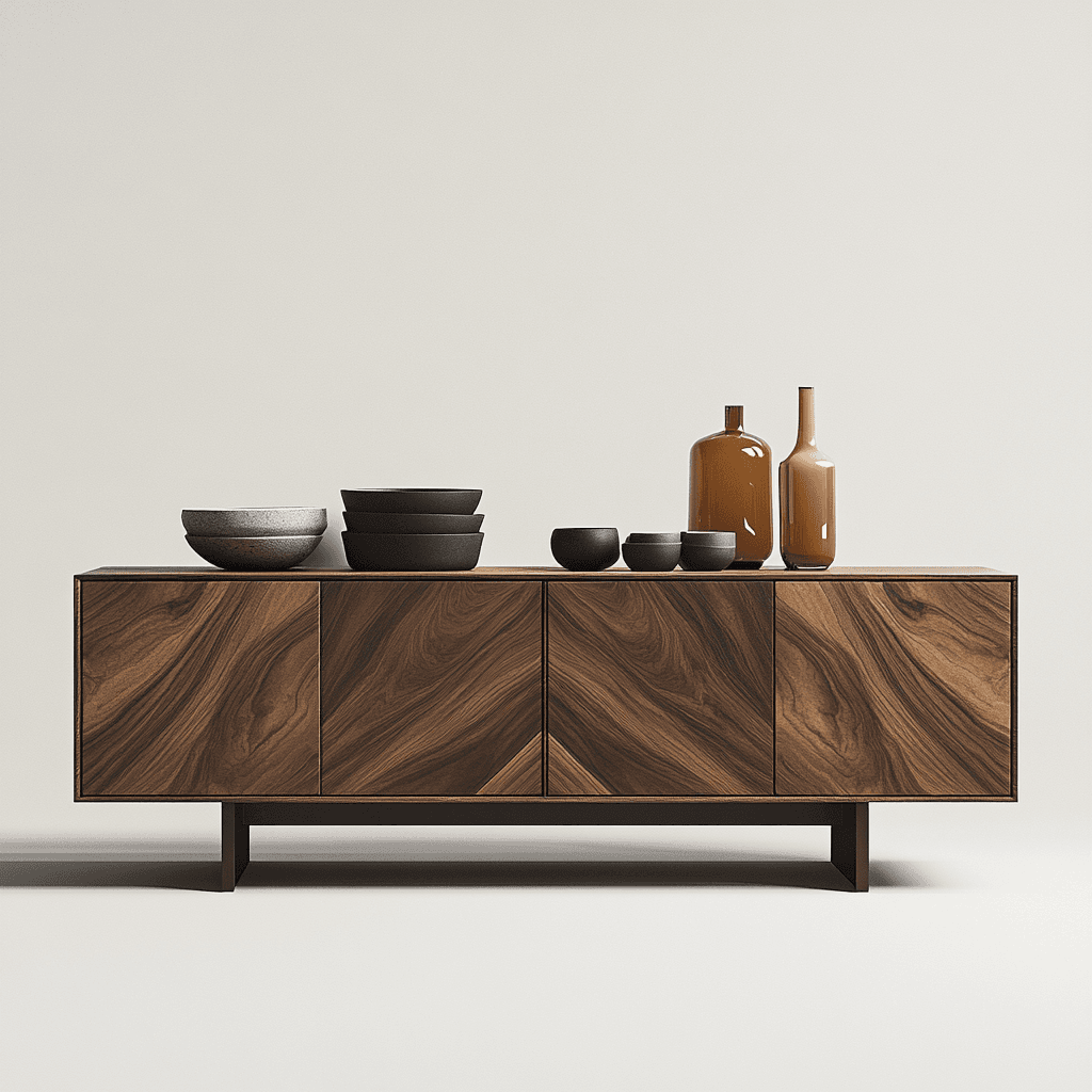 Das Sideboard ist mit Keramikdekorationen gestaltet und wirkt elegant und modern.