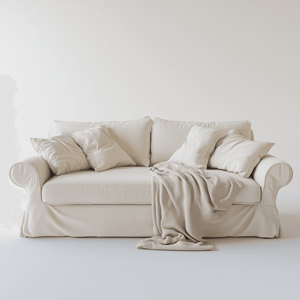 Weißes Sofa auf weißem Boden vor weißer Wand, leicht mit Schal bedeckt.