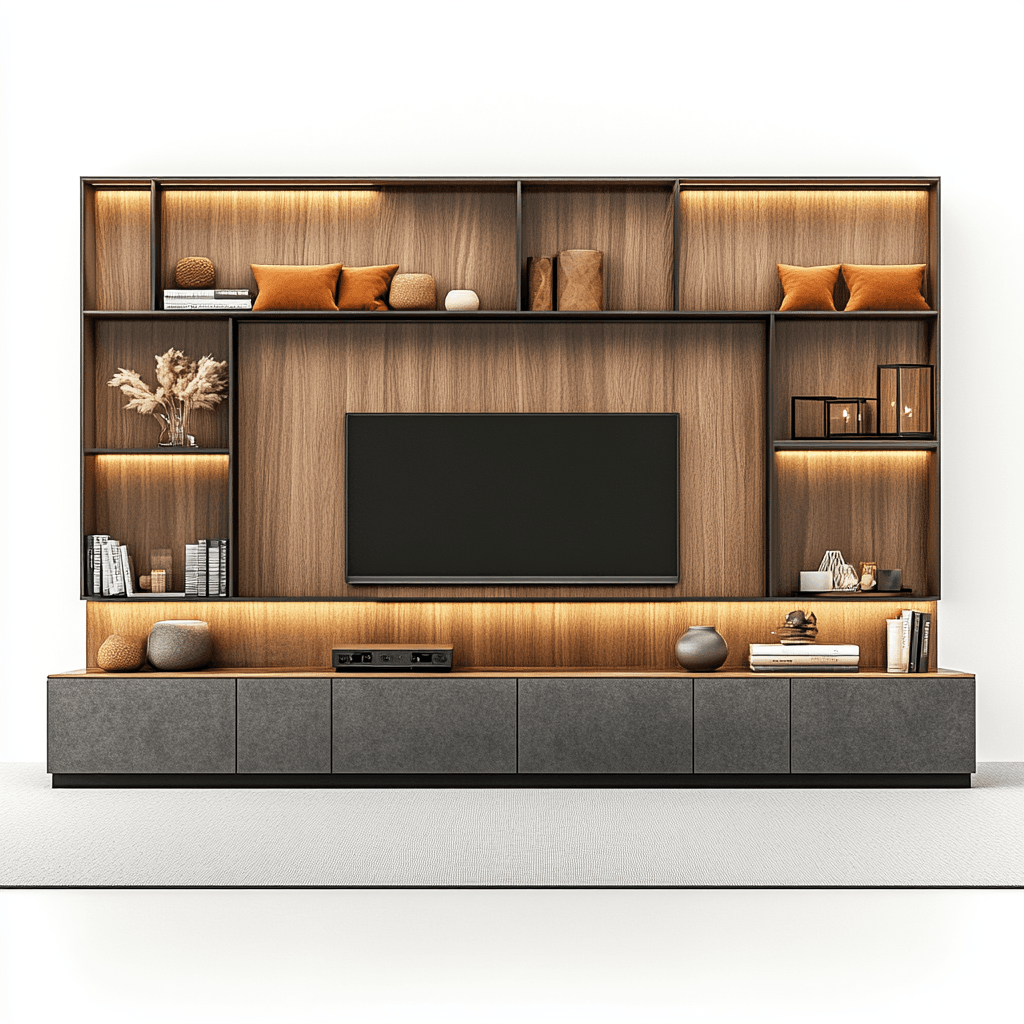 Ein großes, modernes Fernsehbrett mit vielen Regalen und Schubladen aus Holz in mattem Finish für das Wohnzimmer.