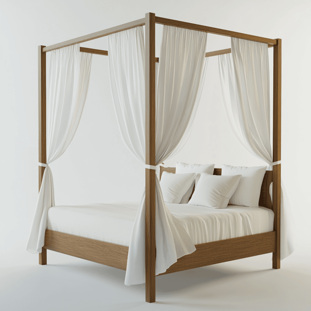 Himmelbett mit vierbeinigem Rahmen, weißen Laken und Vorhängen.