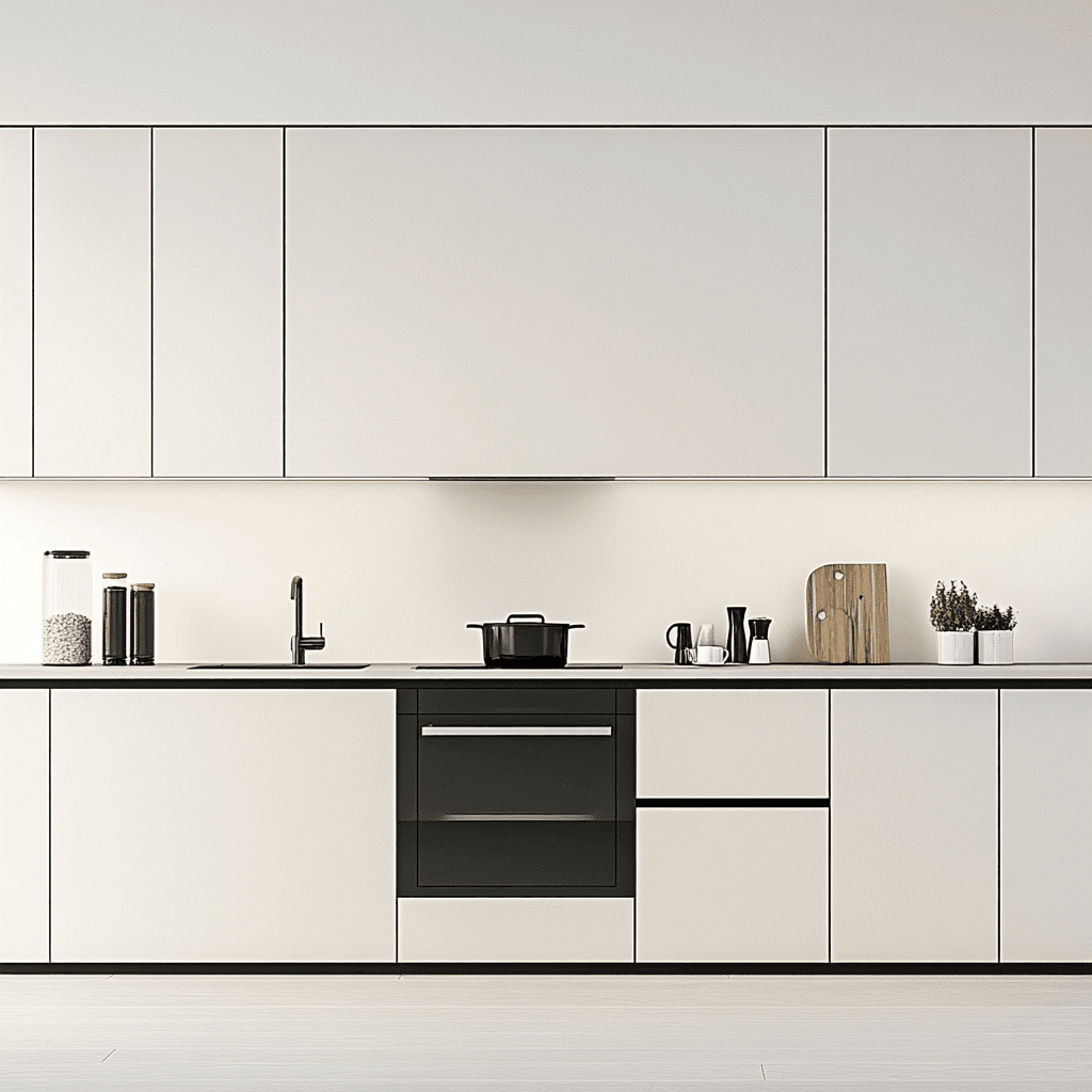 Moderne Kücheninsel aus weißem Holz mit Arbeitsfläche und Küchengeräten.