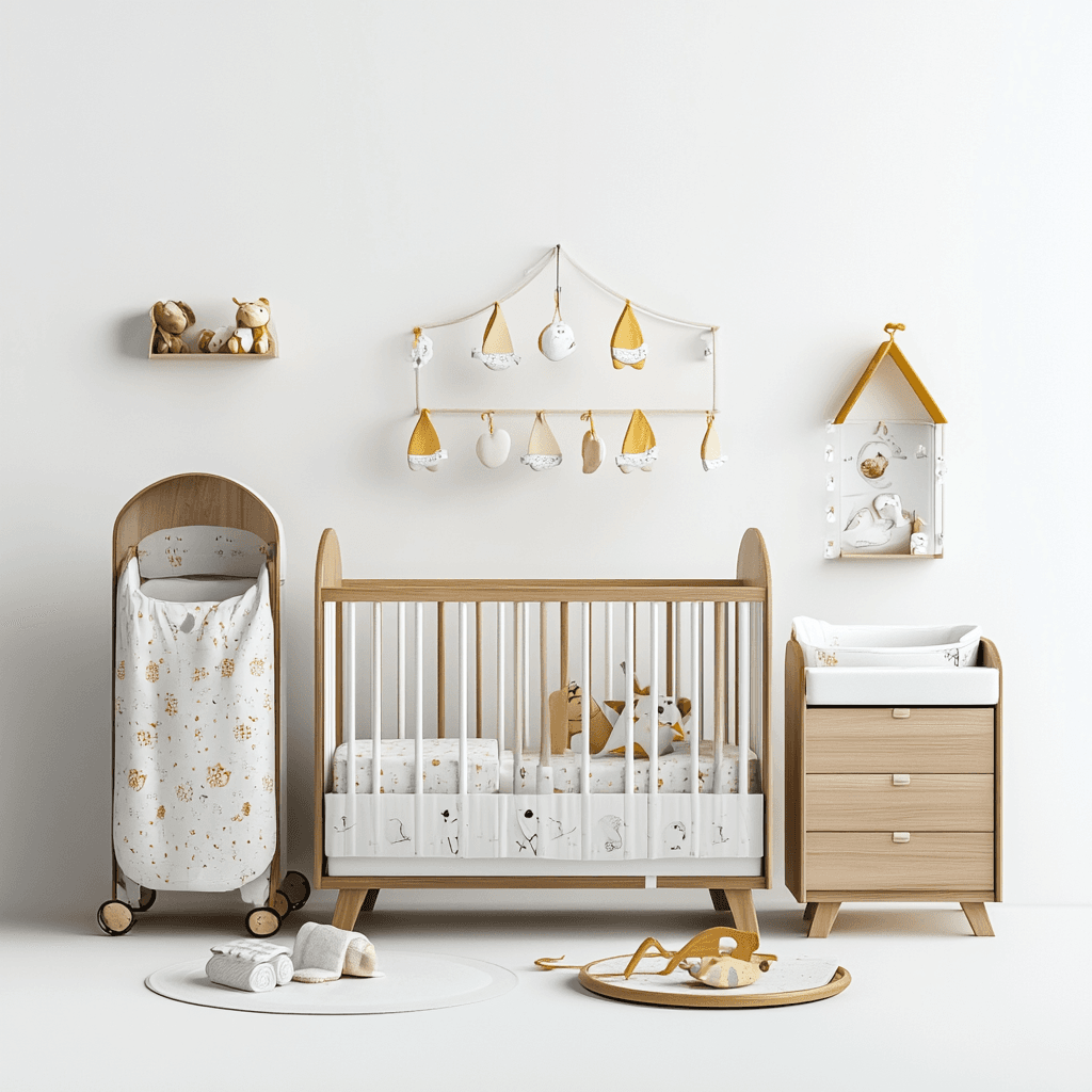 Babyzimmer mit Bett, Kommode, Spielzeug, weiß-goldene Gestaltung.