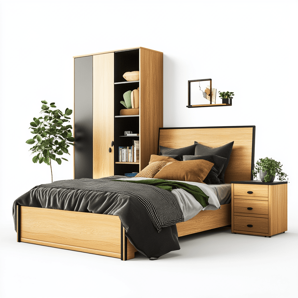Ein Bett mit Nachttisch, Schrank und Pflanzen auf weißem Hintergrund. Das Holz ist hell und die Wände sind weiß.