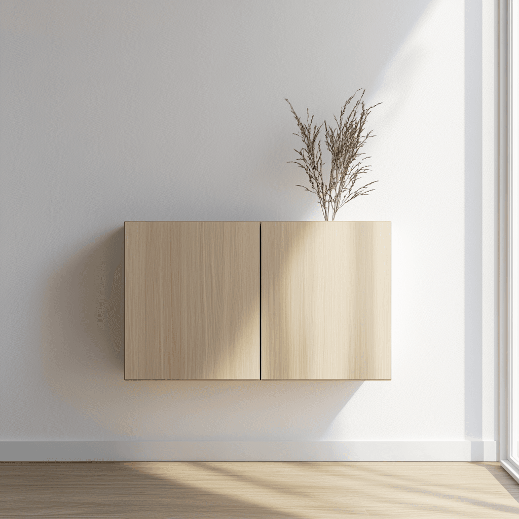 Ein modernes weißes Zimmer mit einer Schrankwand und Sonnenstrahlen, die auf die Wand fallen. Eine Pflanze befindet sich auf der Schrankwand.
