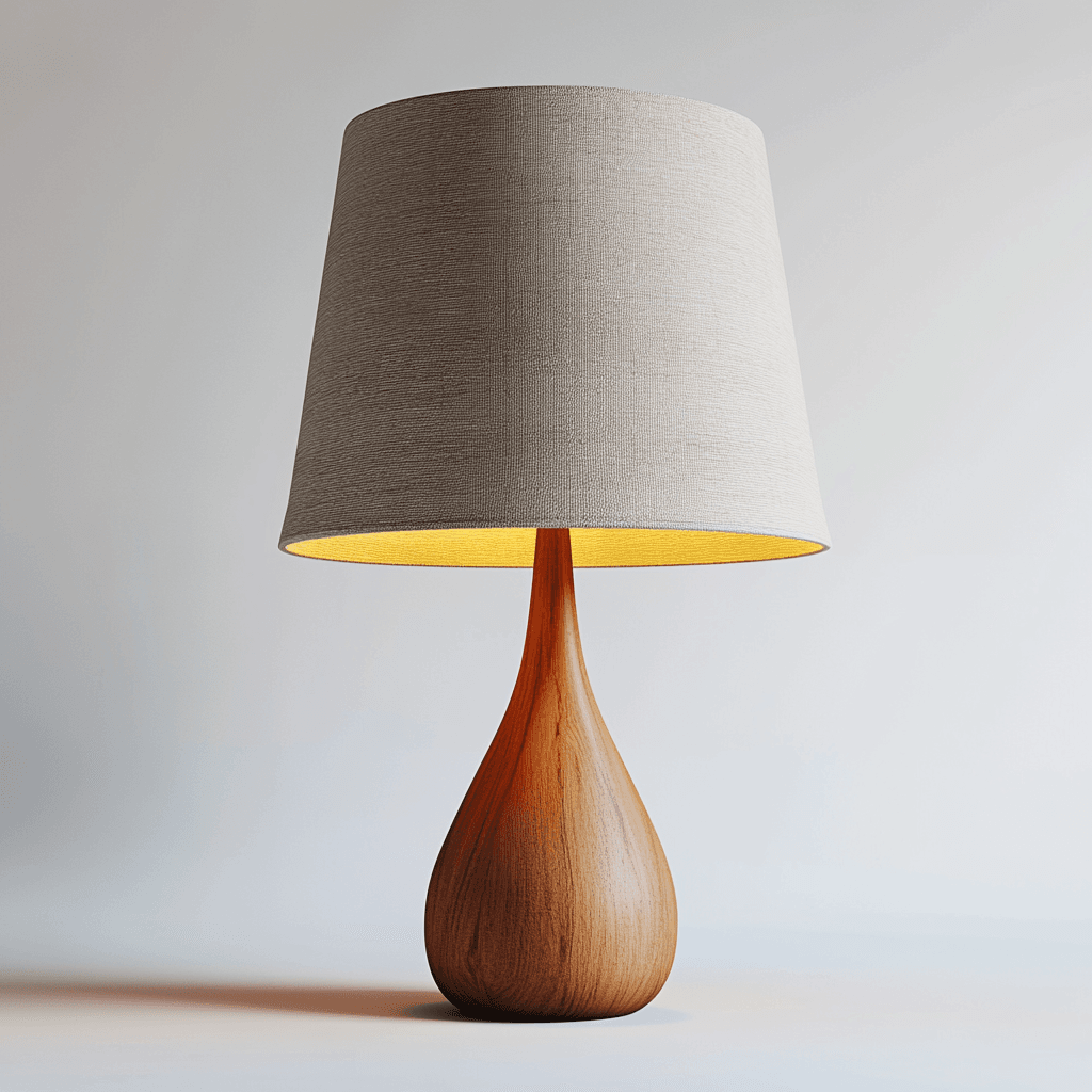 Eine Tischlampe mit künstlichem Holzteil und heller Leuchte steht auf dem Boden.
