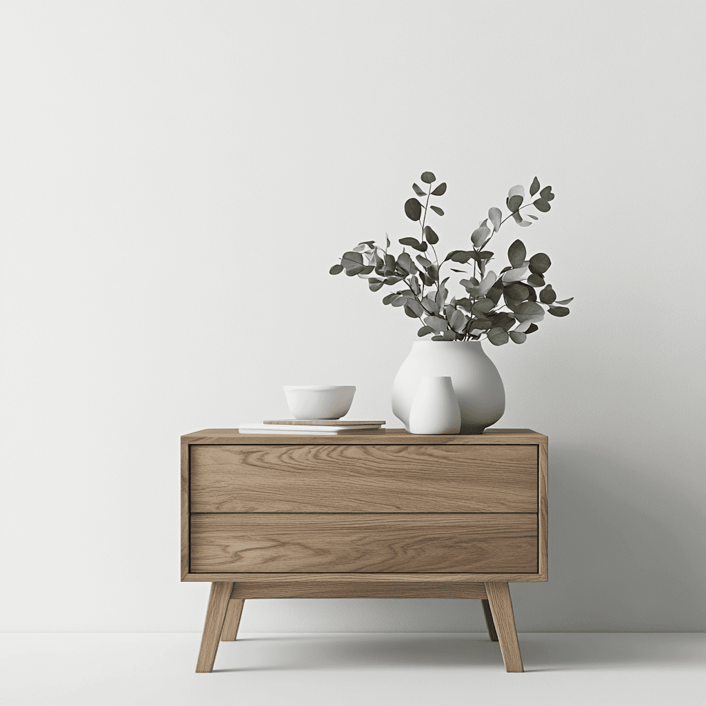 Ein kleines, mit Holz verkleidetes Möbelstück mit zwei Schubladen, auf dem Keramikkreationen und eine Pflanze stehen.