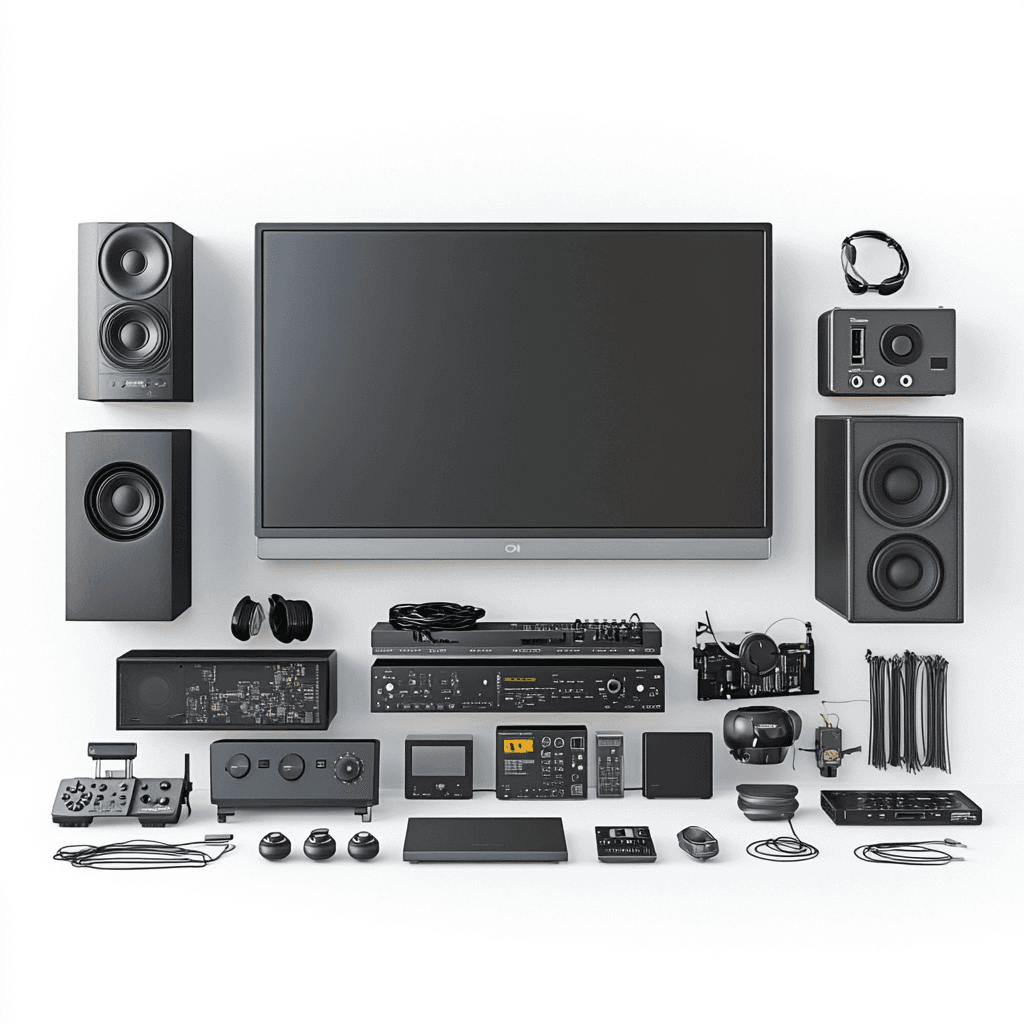 Eine Sammlung von elektronischen Geräten, darunter ein Fernseher, Audio- und Videogeräte sowie Zubehör.