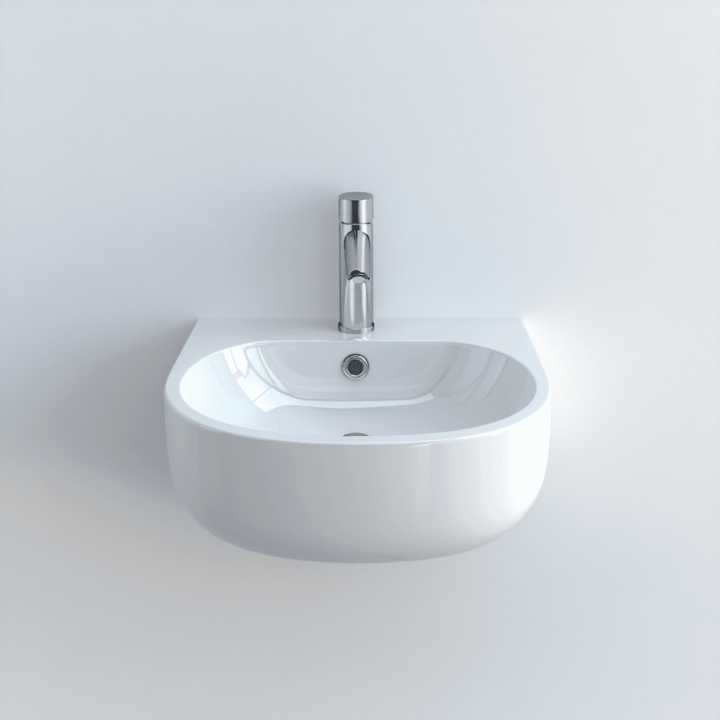 Weißes Waschbecken mit silberner Spülung und Abfluss auf weißem Hintergrund.
