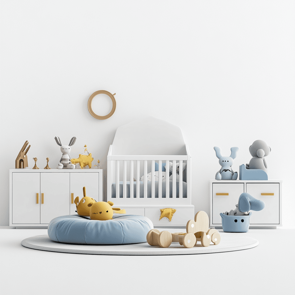 Ein Kinderzimmer mit Bett, Schränken und Spielzeug. Die Möbel sind weiß oder grau.