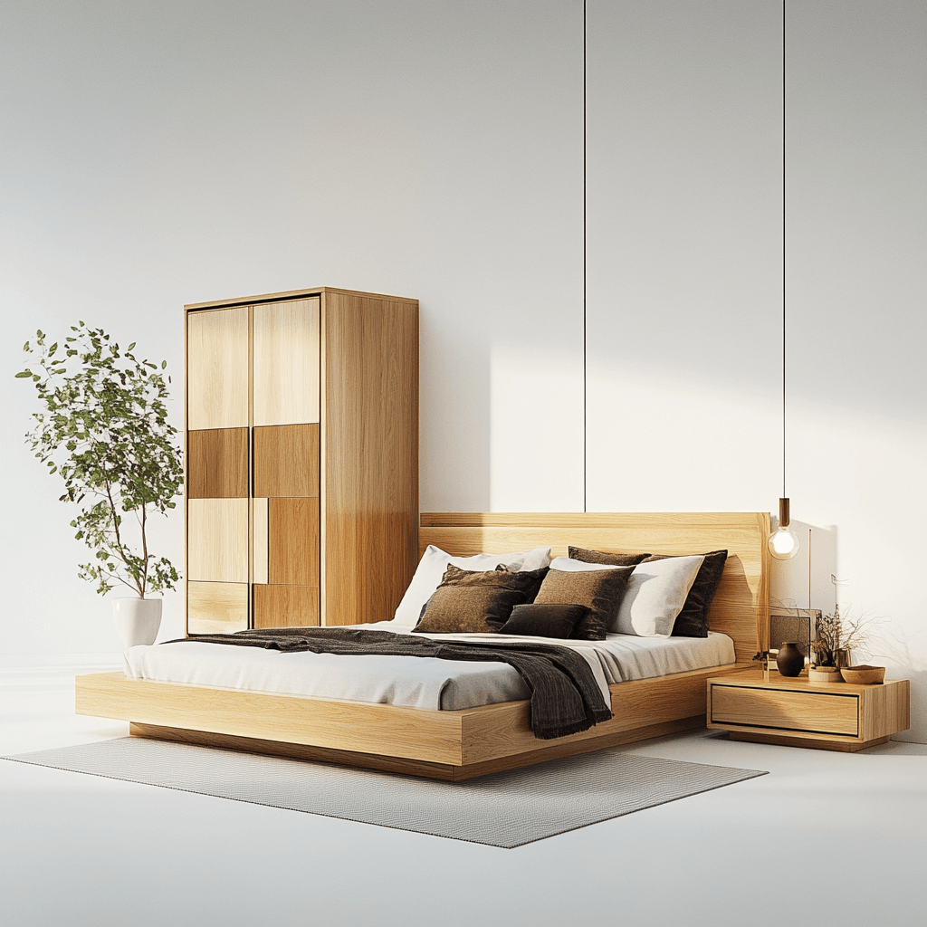 Modernes Schlafzimmer mit großem Bett, kleinem Kleiderschrank und Nachttischlampe.