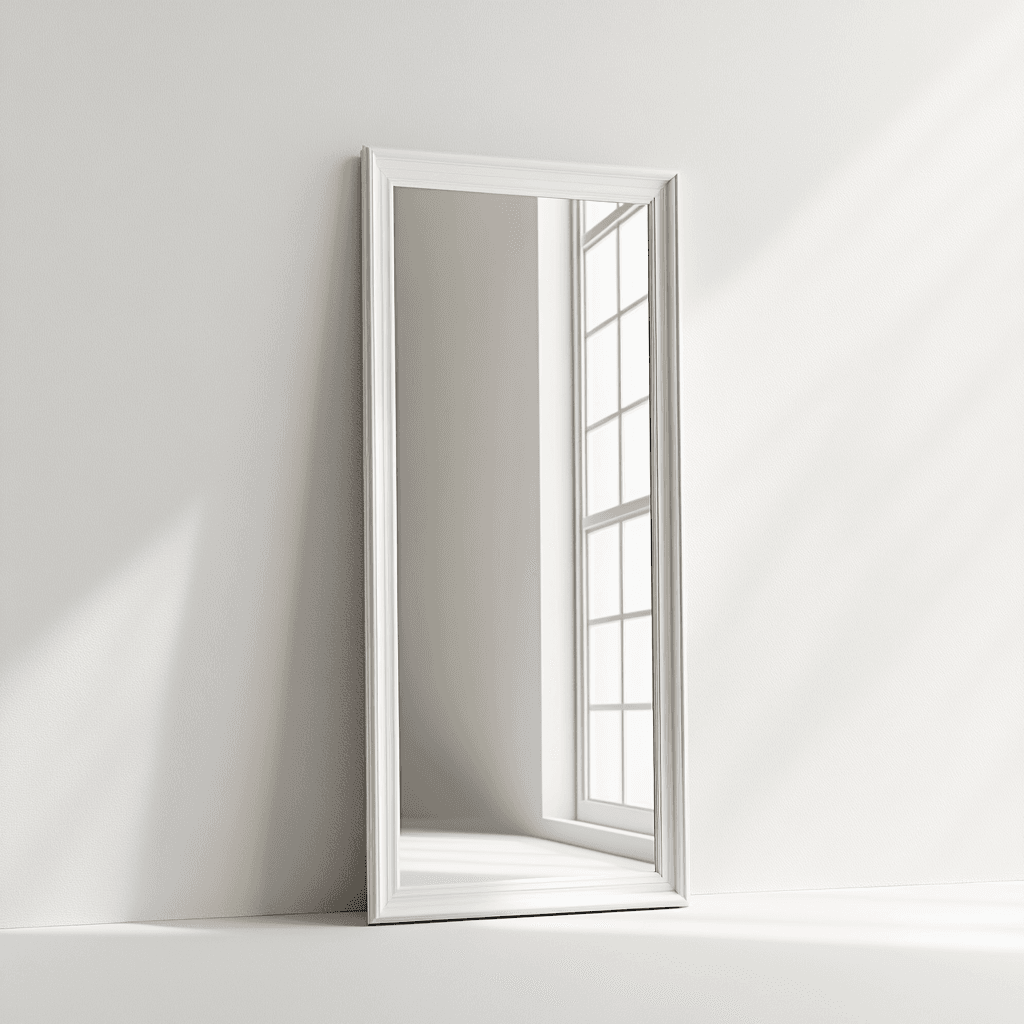 Ein Fenster mit weißem Rahmen und Scheiben in einem weißen Raum, beleuchtet vom Sonnenlicht.