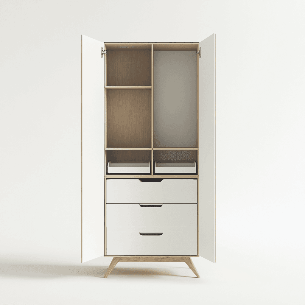 Ein Schrank mit offenem Tür, darin Regale und Schubladen.