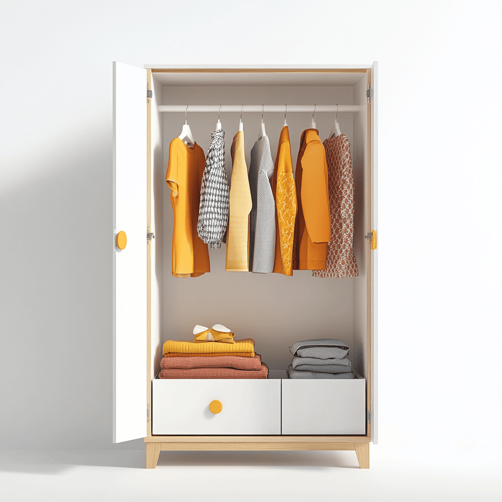 Ein Schrank mit offener Tür zeigt Kleidungsstücke, die an einem Ständer hängen und eine Schublade darunter.