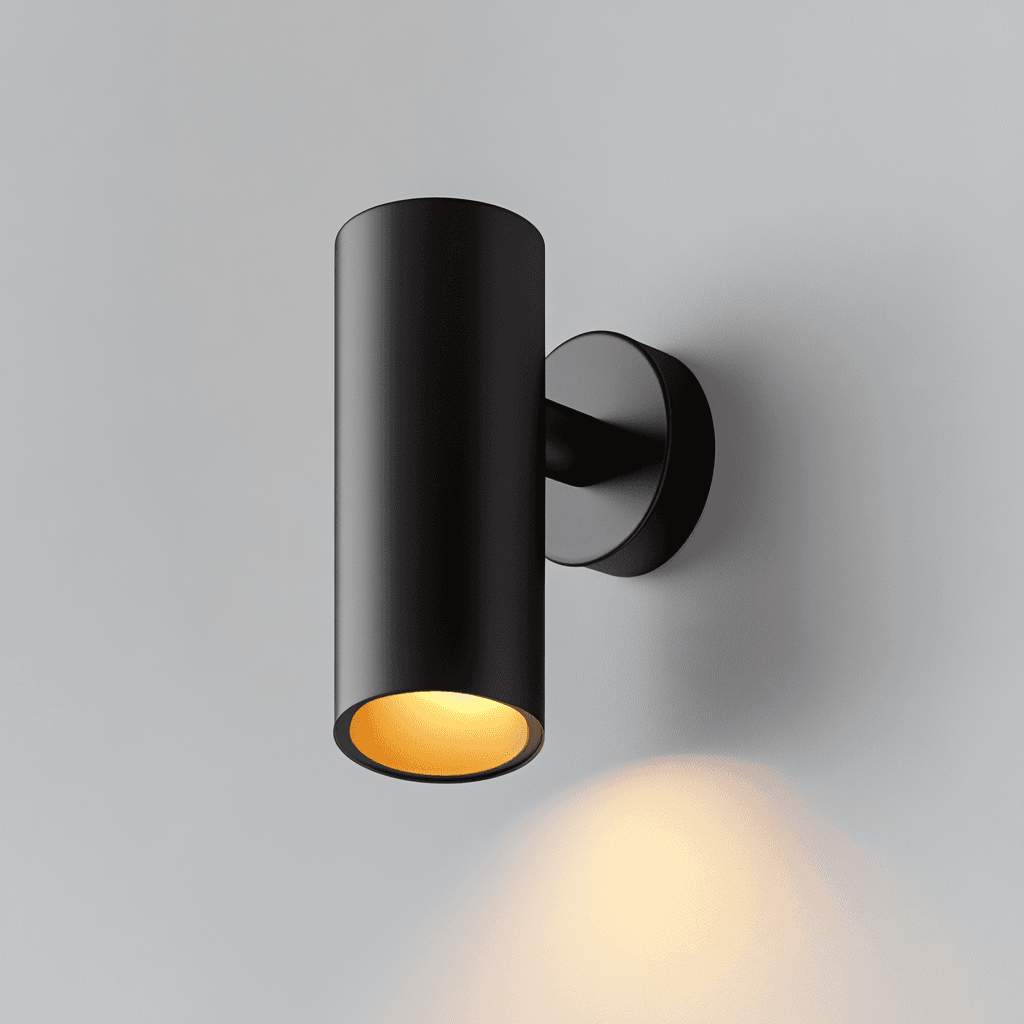 Schwarze Wandlampe mit rotem Schalter auf weißem Tisch, umgeben von blauen und grünen Blumen. Im Hintergrund ein dunkelblauer Himmel.