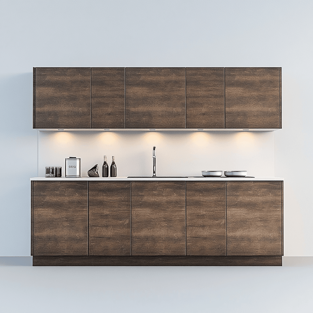 Moderne Küchenzeile mit dunkelbraunem Holz, weißem Marmorboden und weißer Armatur.
